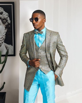 A Splashed gold &amp; turquoise blue metallic jacquard double-breasted suit