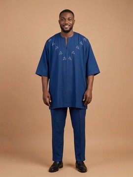 Ensemble classique de caftan bleu pour homme avec broderie à motif géométrique blanc