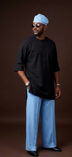 Ensemble traditionnel yoruba pour homme — Noir et bleu ciel