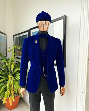 Un bleu azur, tissu de velours imbibé, tricoté, costume de smoking à revers châle