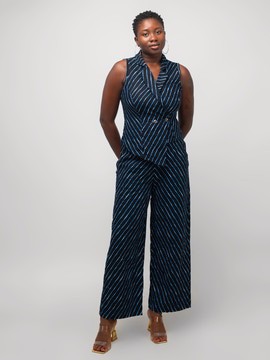 Women's High-Waisted Wide-Leg Trousers – Blue Graphic Pattern