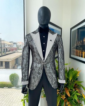 The “Jackson”, Ash, Iron &amp; shadow grey metallic jacquard, peak lapel tuxedo suit,