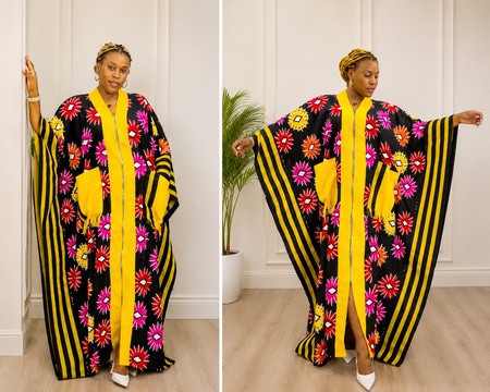 Handmade Ankara Brocade Kaftan, Black &amp; Yellow Boubou Gown, African Print Maxi Dress,