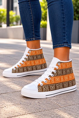 terracotta tribal mudcloth Women's Classic High Top Canvas Shoes | Terracotta African Print Sneakers