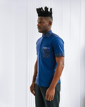 A brushed, cotton blue with layered check causal shirt.