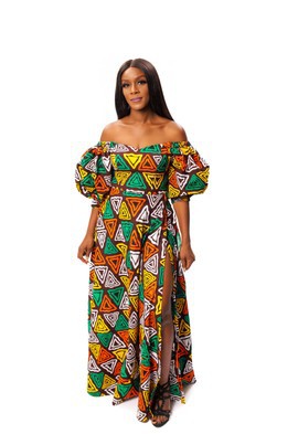 Robe Maxi imprimé africain Ankara épaules dénudées, robe longue en cire africaine, robe Ankara