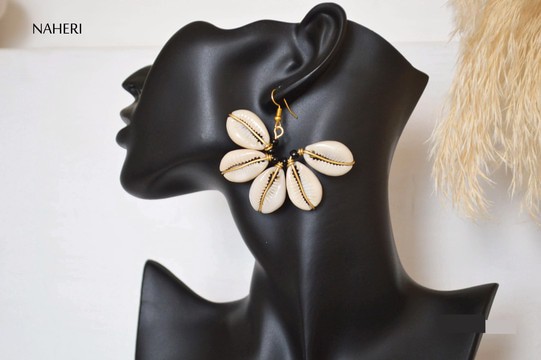 African cowrie shell and brass earrings