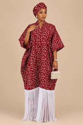 Robe kaftan rouge pour femme en imprimé africain avec foulard assorti pour la tête
