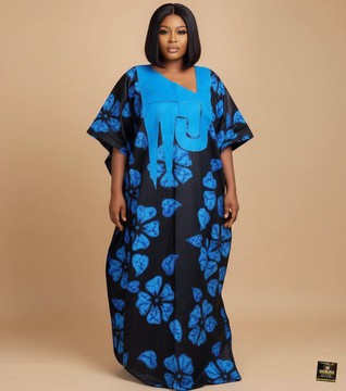 Floral Adire Kaftan with Embroidered Neckline