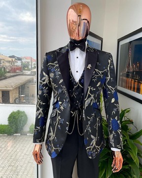 A Gold, black and blue peak lapel, raven and forest metallic pattern jacquard Suit