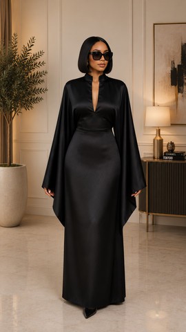 Robe longue noire en satin pour femme, à col montant et manches cape