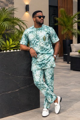 Men's Green Adire Print 2-Piece Set – Short Sleeve Top with Embroidered Pocket &amp; Trousers