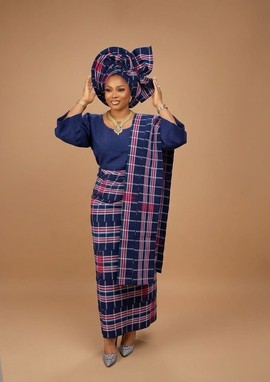 Regal Navy and Plaid Handwoven Aso-Oke Iro and Buba Four Piece Set
