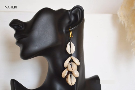 African cowrie sea shell earrings clustered