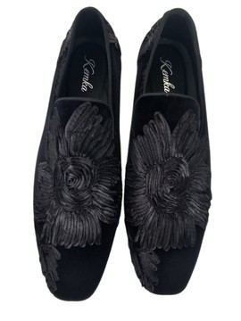 Black Velvet Loafers with Folded-Fabric Floral Detail