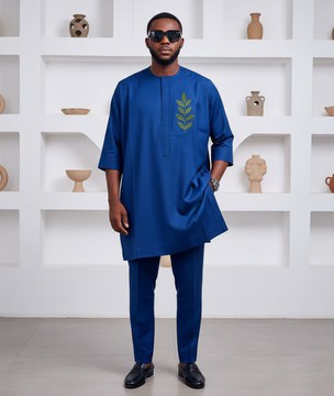 Premium Men's Senator Wear – Luxury 3-Quarter Blue Kaftan Set for Formal &amp; Traditional Occasions