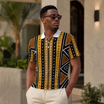 African Geometric Print Men's Heavyweight Polyester Polo Shirt | Contemporary Afro Wear | Bynelo
