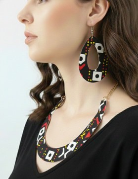 Ensemble Bijoux "Graphique Chic" – Collier et Boucles d’Oreilles Motif Tribal noir et rouge