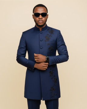 Navy blue embroidered suit,' 'mandarin collar long jacket