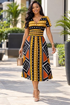 Robe midi à col en V et manches courtes pour femme en imprimé africain | Robe midi en imprimé africain | Bynelo