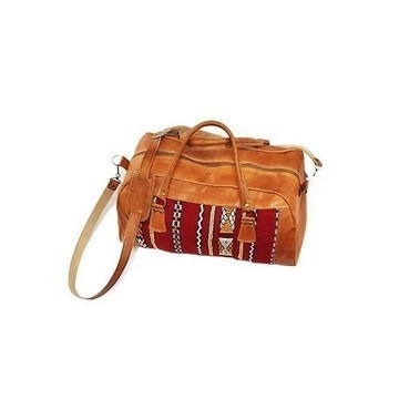 BIG SALE! Genuine Leather Travel Bag with Red Kilim Handmade in Morocco