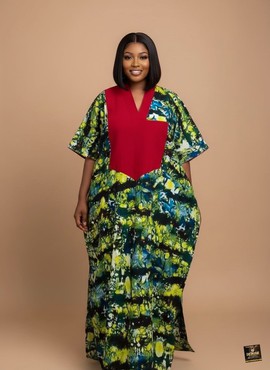 Kimono Bubu Adire abstrait vert émeraude avec plastron rubis
