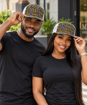 Tribal Kente Black Flat-Brim Mesh Cap | African Streetwear Headwear | Bynelo