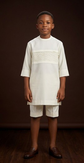 Boys' Cream Embroidered Kaftan &amp; Shorts Set – Elegant Two-Piece Traditional Outfit for Kids