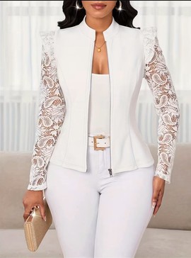 Women's White Lace Sleeve Peplum Jacket – Zip-Up Fitted Blazer with Sheer Floral Lace Sleeves