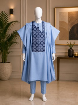 Men's Luxury Sky Blue Agbada Set – Premium Traditional Wear with Embroidered Panel &amp; Matching Trous