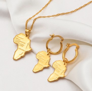 Gold africa map necklace and earrings set
