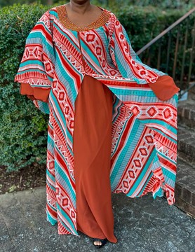 Tribal Geometric Print Multicolor Maxi Dress with Beaded Neckline