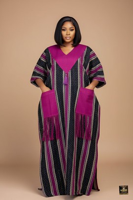 Boubou caftan en aso-oke tissé à la main, magenta royal et onyx
