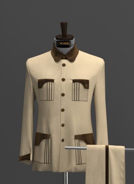 BIEGE FOUR POCKETS VELVET DETAILED SAFARI SUIT........................BEST SELLER