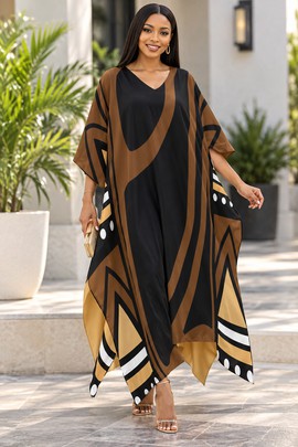 Robe midi à col en V et manches courtes pour femme en imprimé africain | Robe midi en imprimé africain | Bynelo
