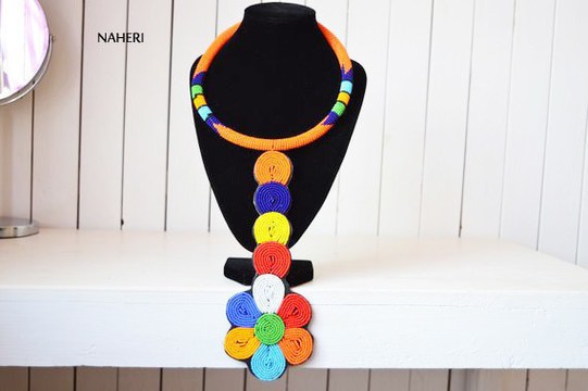 African Beaded Maasai Orange Necklace | Zulu Beaded Necklace | Tiered &amp; Tribal
