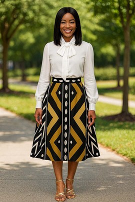 African Print Midi Flare Skirt | Cowrie Zigzag Tribal Style