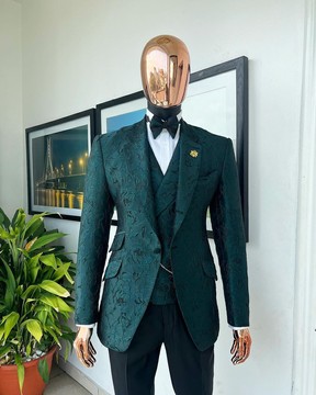 An emerald green, knitted, root floral jacquard notch lapel suit