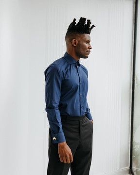 A navy blue Oxford business shirt.