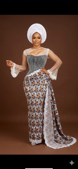 Monochromatic Lace and Beaded Corset Gown with Sheer Illusion Details