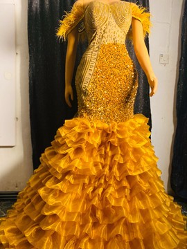 Robe de soirée de luxe, robe de soirée perlée, robe sirène dorée
