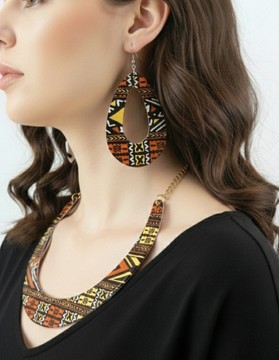 Ensemble Bijoux "Graphique Chic" – Collier et Boucles d’Oreilles Motif Tribal marron