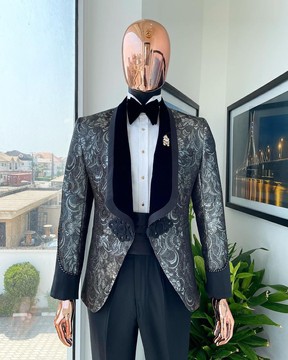 An Ash, Iron &amp; shadow grey metallic jacquard royal shawl lapel tuxedo suit
