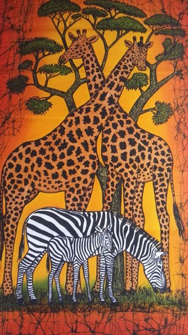 Giraffe and zebras wall hanging,  candle wax batik, African savanna animals