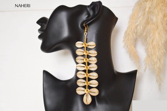 African cowrie shell and brass earrings long