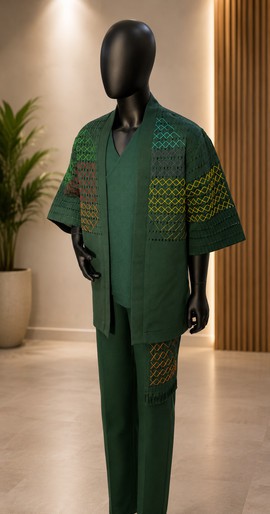 Ensemble traditionnel Aso-Oke vert pour homme – Haut style kimono ouvert sur le devant, chemise intérieure et pantalon