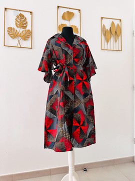 Robe chemise en wax rouge - poches - mi longue