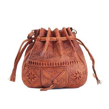 BIG SALE! Genuine Leather Crossbody Bag with Engraved Patterns Handmade by Craftsmen in Morocco
