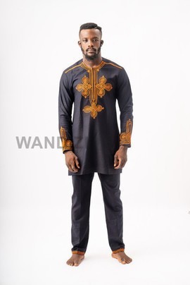 African Embroidered Black Suit, African Embroidered Mens Suit, African Wedding Men