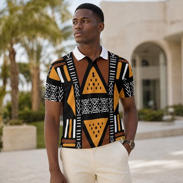 Geometric African Pattern Men's Heavyweight Polyester Polo Shirt | African Pattern Apparel